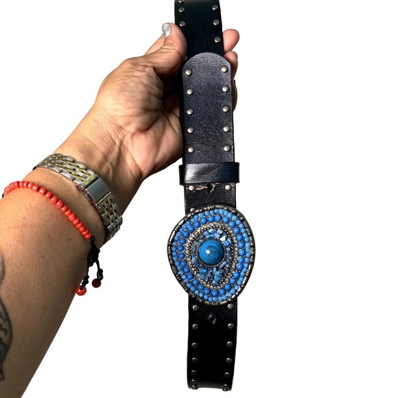 Black Bonded Leather Belt with Silver Studs & Blue Turquoise stone Belt Sz L - Picture 4 of 5